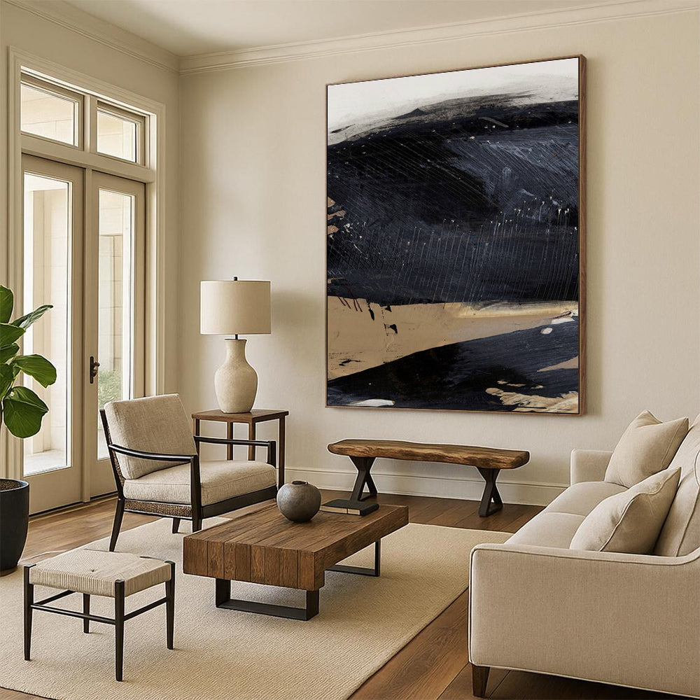 Textured Black - Beige Abstract Painting for Minimalist Home Studios HENG203