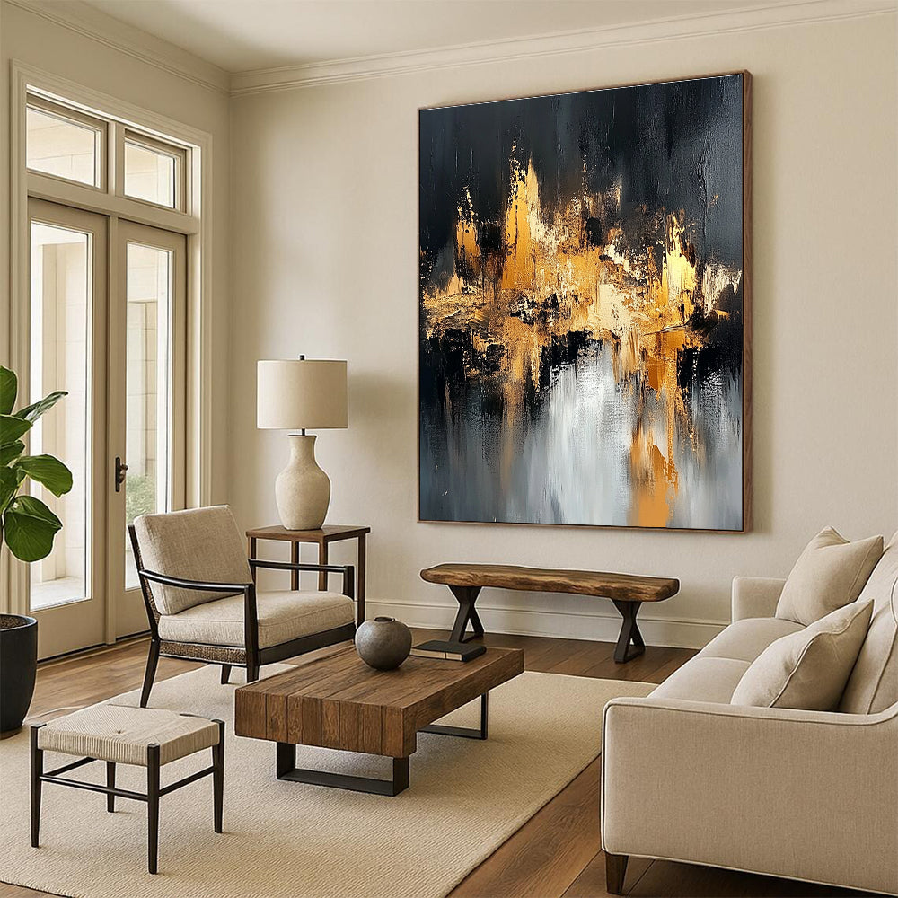 Black Gold Abstract Cityscape Painting with Metallic Highlights WINK643