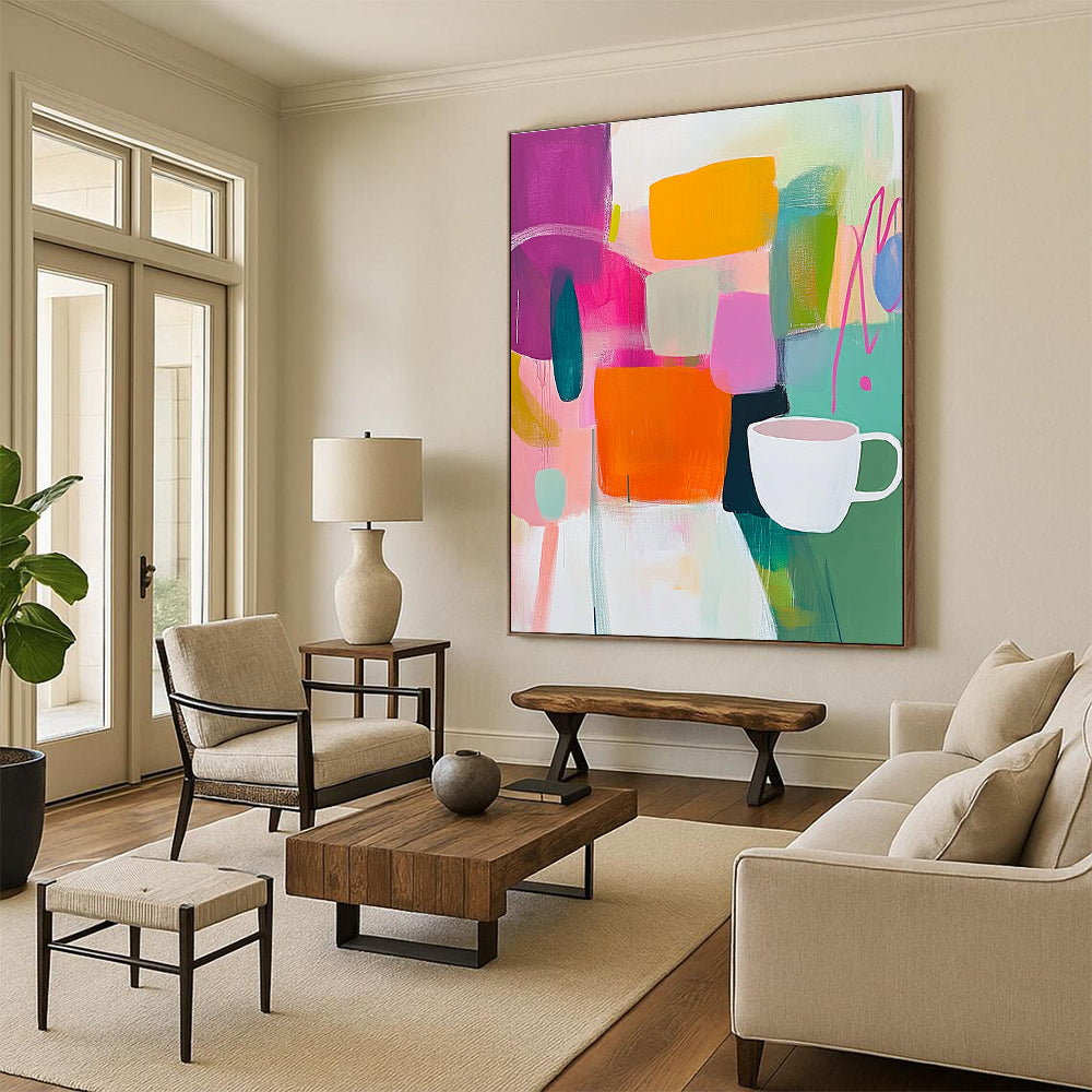 Colorful Abstract with Cup Painting for Modern Café Waiting Areas GAB1220