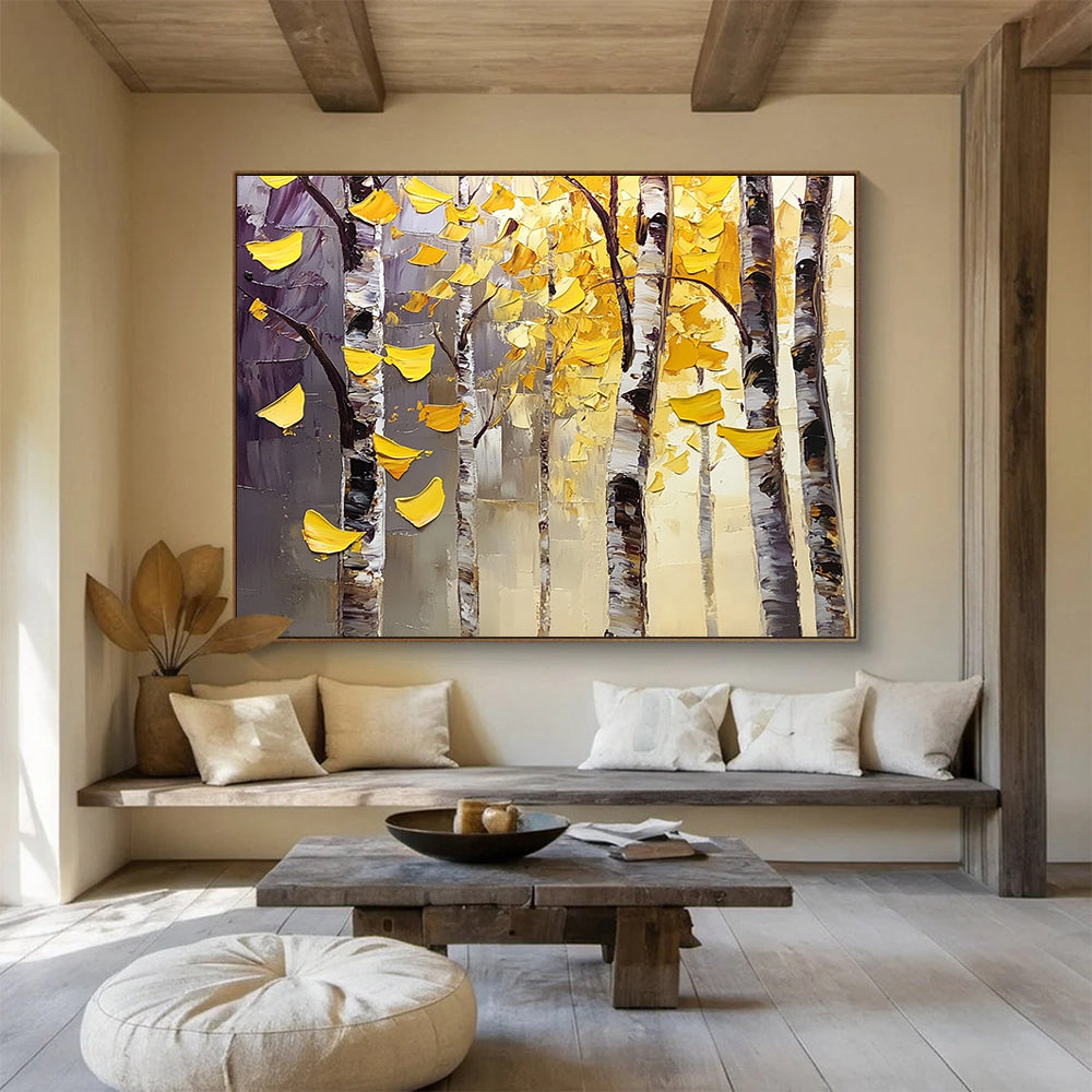 Textured Autumn Birch Trees Painting with Lush Golden Hues ABS565