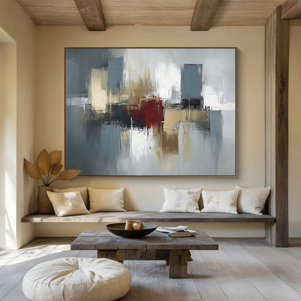 Gray, Gold and Red Abstract Cityscape Painting with Urban Energy ABS403