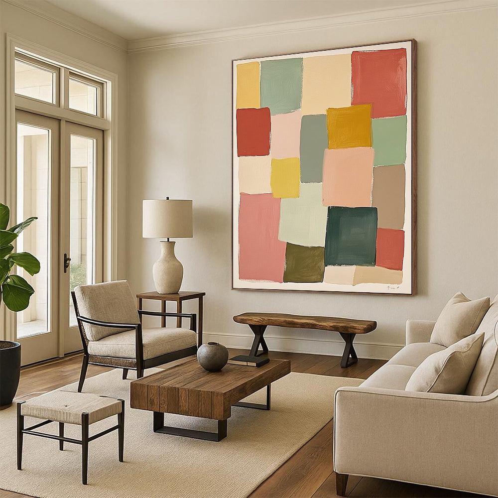 Pastel Geometric Squares Abstract Painting with Cheerful Simplicity WINK278