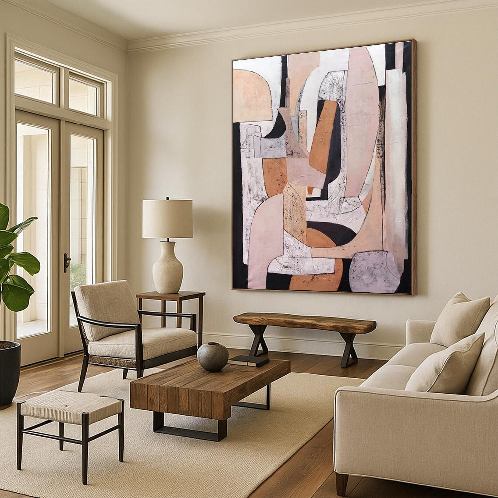 Modern Neutral - Toned Geometric Collage Painting for Contemporary Decor HENG252