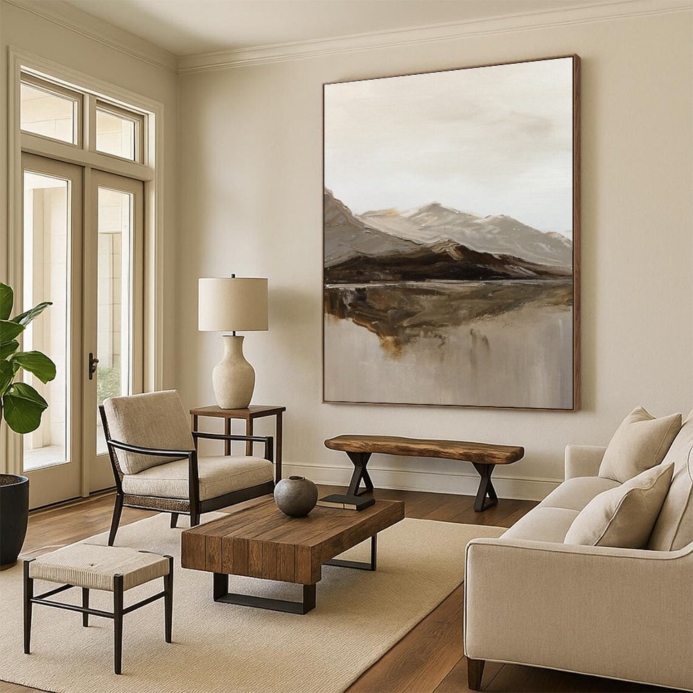 Minimalist Mountain and Lake Landscape Abstract Painting for Nature - Lover Bedrooms HENG358