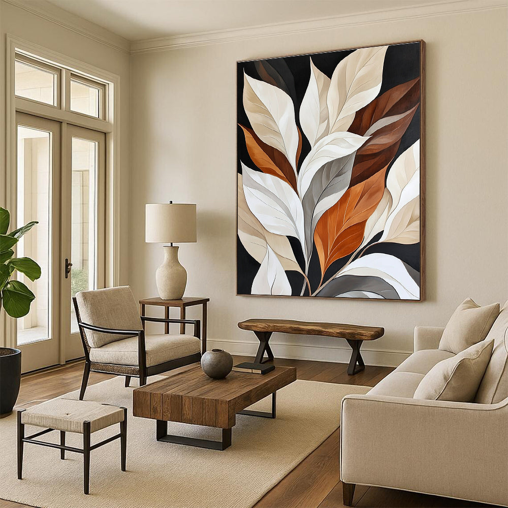 Colorful Leaves on Black Sophisticated Botanical Abstract Painting GAB0303