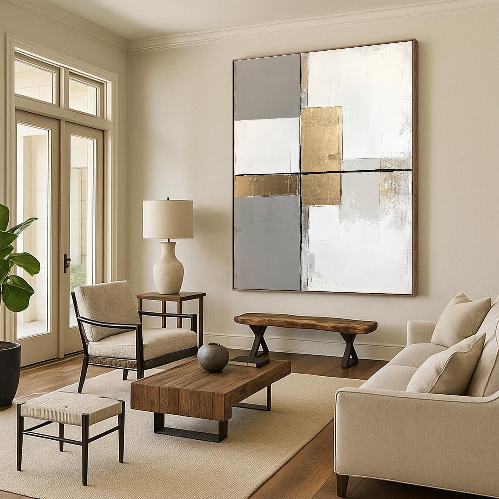 Gray Gold White Abstract Painting with Clean Lines WINK649