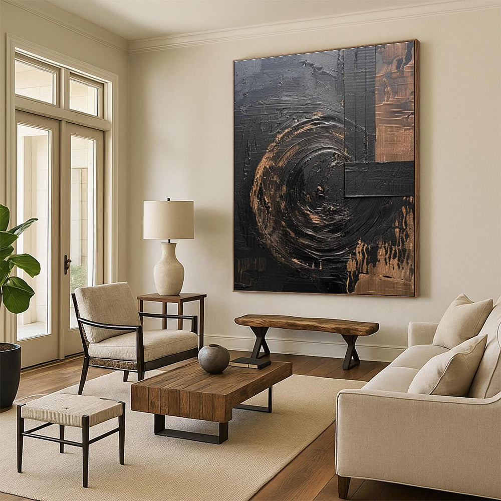 Black and Gold Textured Abstract Painting for Luxury Hotel Lobbies HENG502