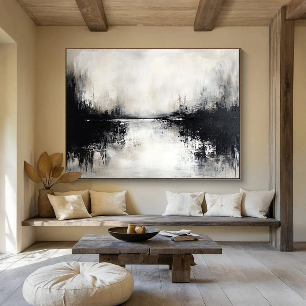 Monochrome Lake Scene: Moody Stillness in Black and White Abstract Painting ABS173