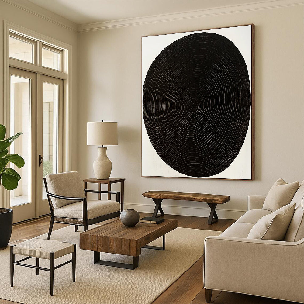 Black Concentric Circles Abstract Painting with Meditative Rhythm WINK021