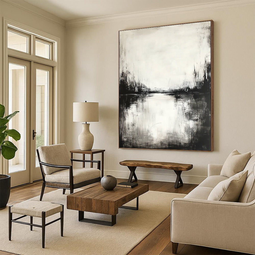 Black and White River Scene - Serene Minimalist Abstract Painting GAB0451