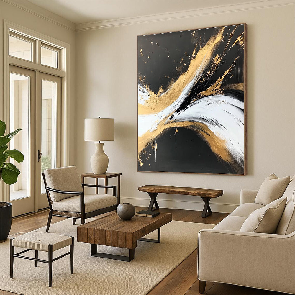 Black Gold and White Abstract Painting with Regal Drama WINK316
