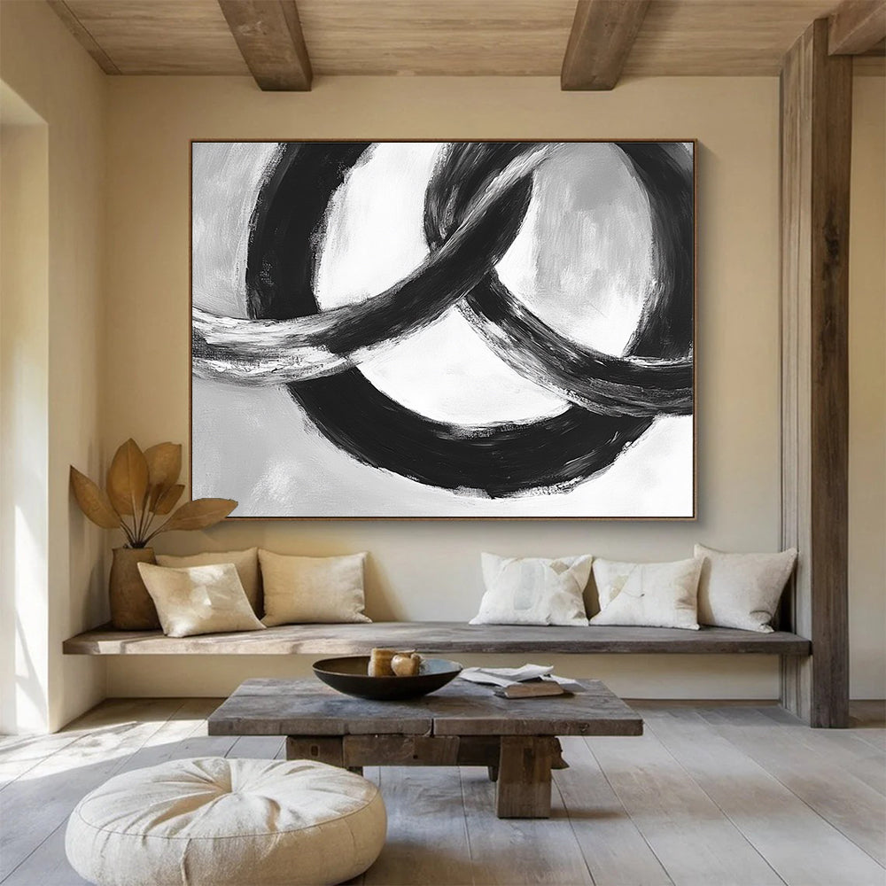 Intertwined Black Rings: Dynamic Movement in Monochrome Abstract Painting ABS175