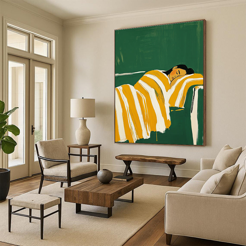 Sleeping Woman in Striped Blanket - Colorful Figurative Abstract Art GAB0426