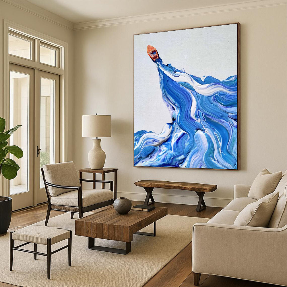 Small Boat on Textured Waves Abstract Painting for Nautical - Themed Interiors HENG321