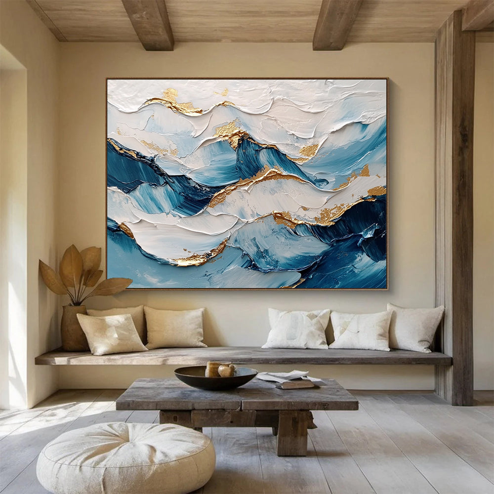 Blue and Gold Wave Textured Abstract Painting ABS261