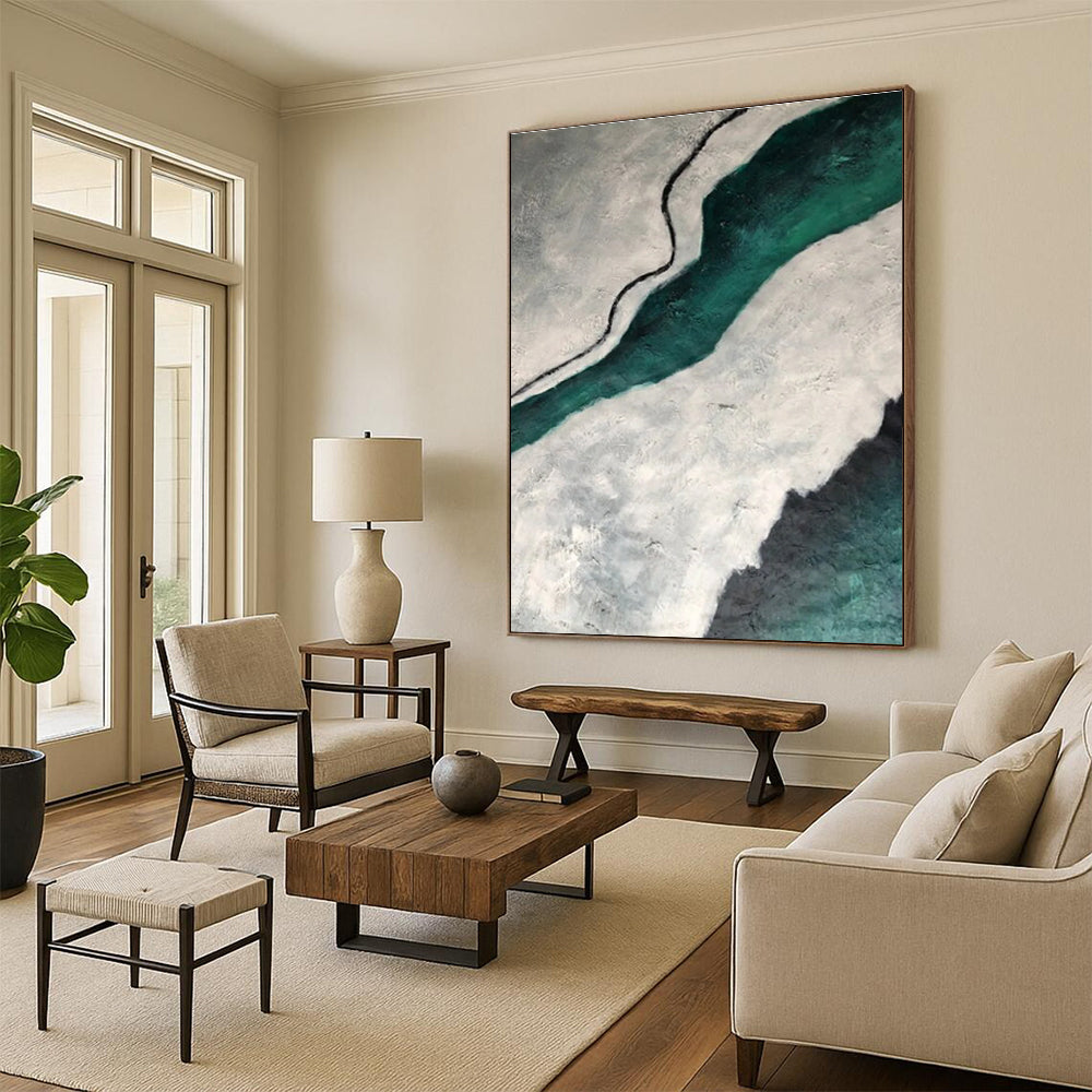 Gray - Green Textured River Abstract Painting for Nature - Inspired Studies HENG403