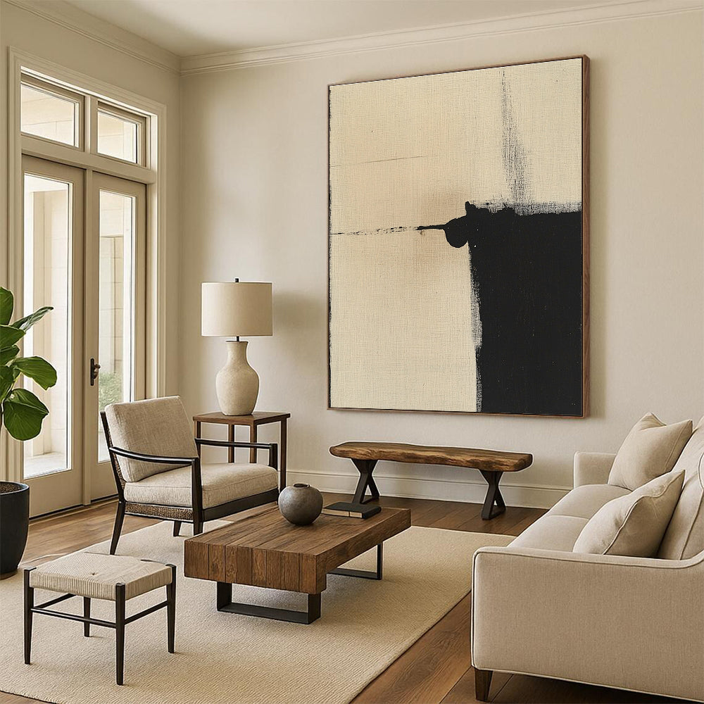 Minimalist Black and Beige Abstract Painting of Quiet Contrast GAB0213