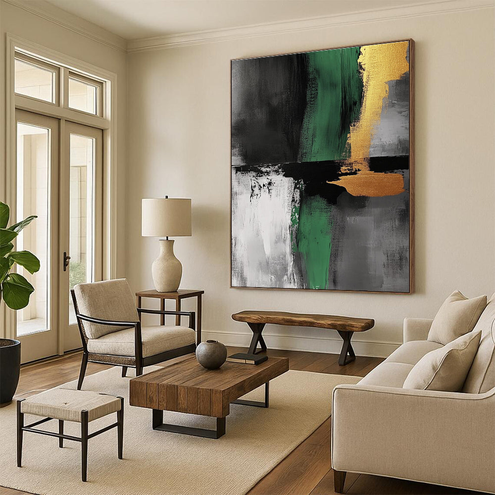 Green Black Gold Abstract Painting with Bold Accents WINK550