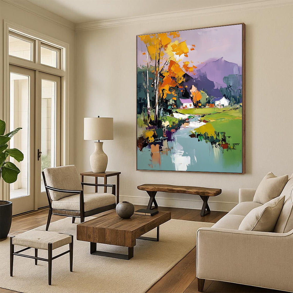 Colorful Village Landscape Abstract Painting for Bohemian - Style Country Homes GAB1347