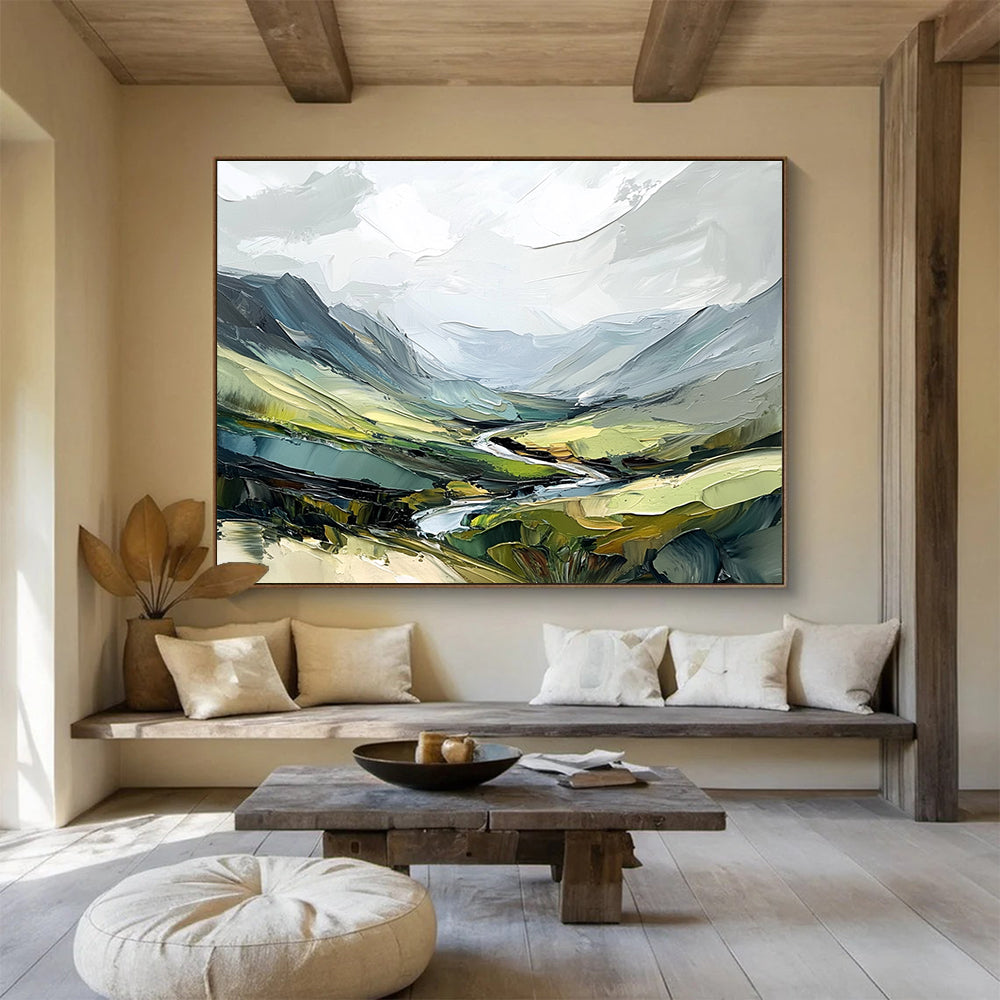 Mountain Valley with River Abstract Painting with Lush Greens ABS597