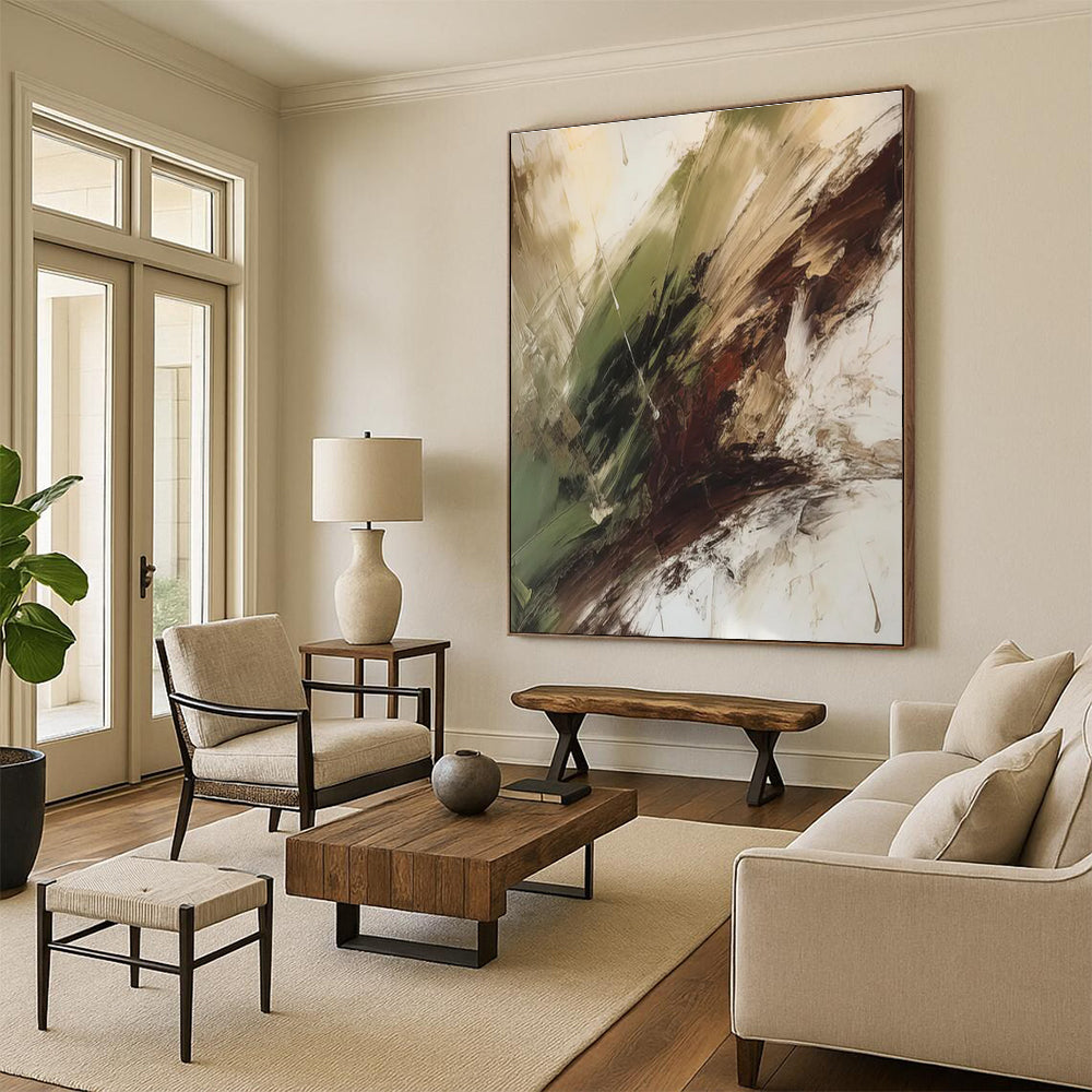 Green - Brown - White Abstract Painting for Nature - Lover Living Rooms HENG118