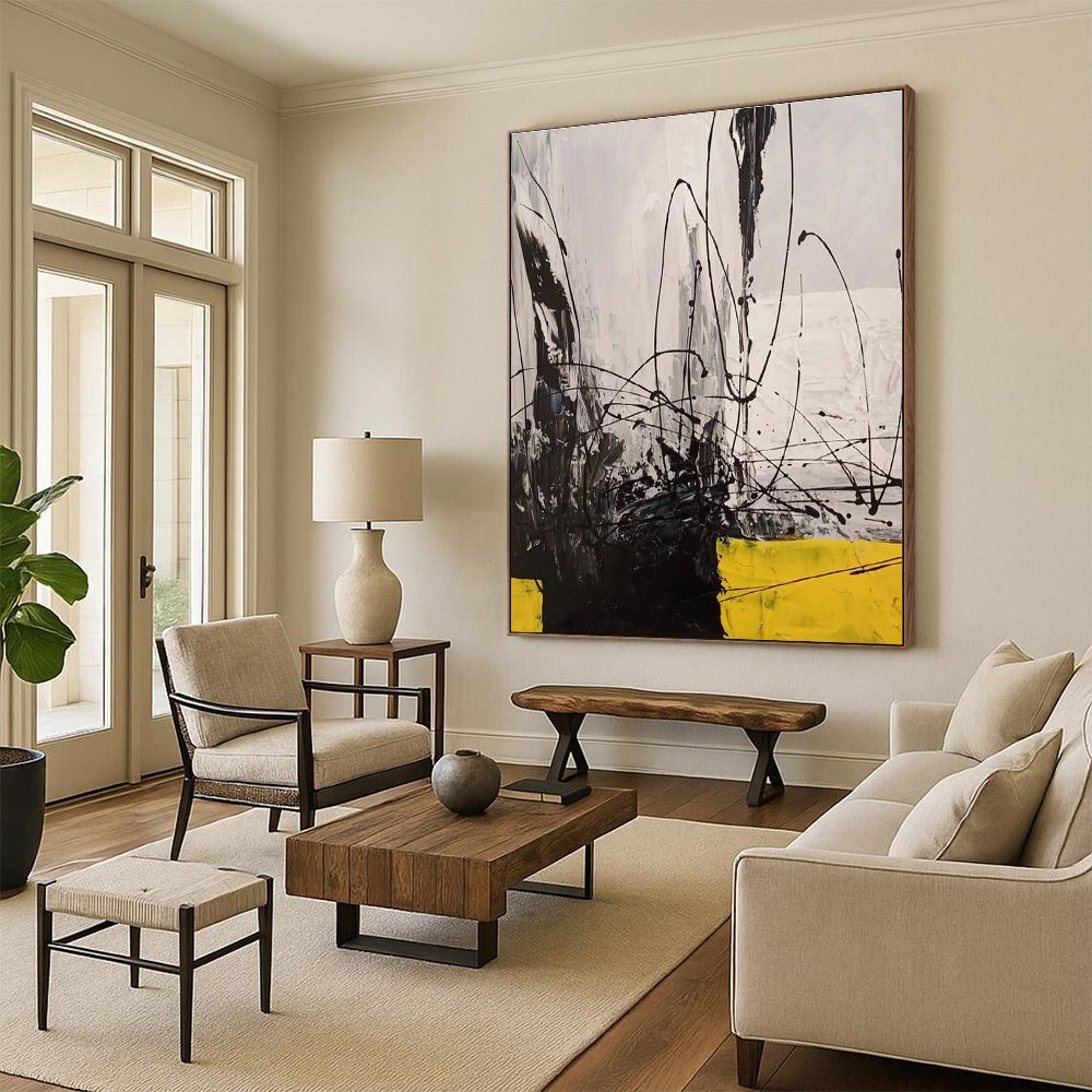 Dynamic Black and White with Yellow Abstract Painting for Creative Studio Meeting Rooms HENG053
