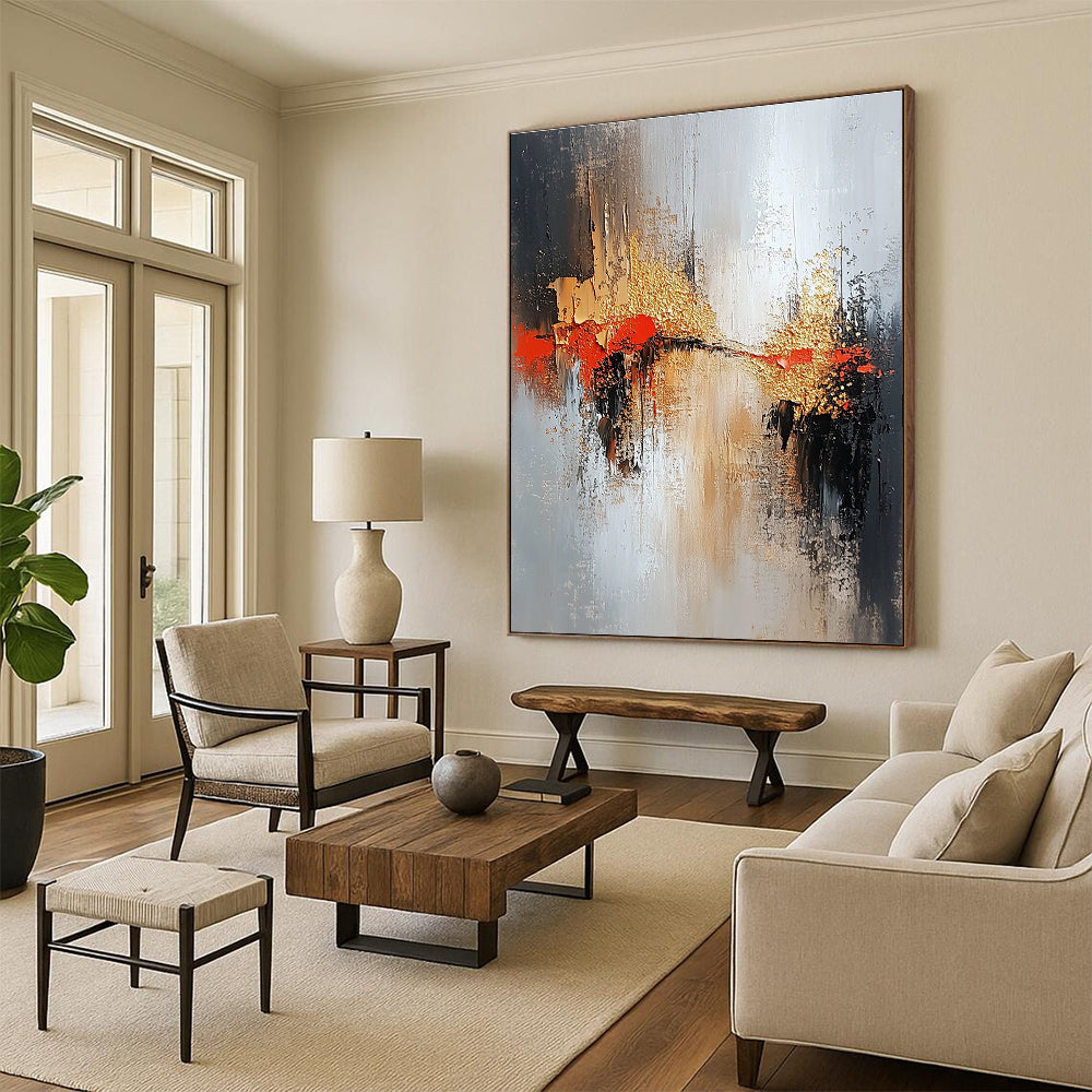 Gray Gold Red Abstract Painting with Dramatic Contrast WINK556