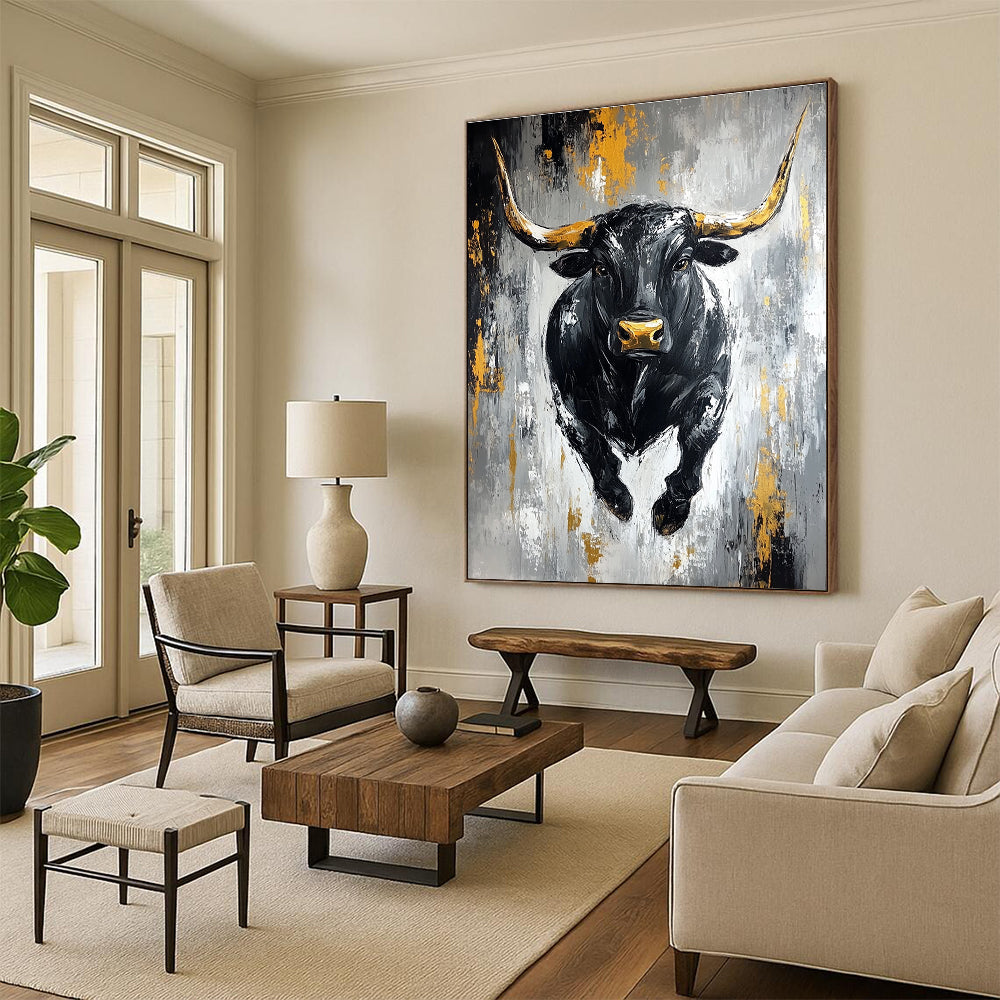 Black Bull with Gold Accents - Powerful Figurative Abstract Art GAB0456