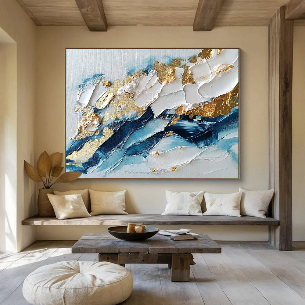Blue - White - Gold Abstract Painting with Textured Impasto ABS260