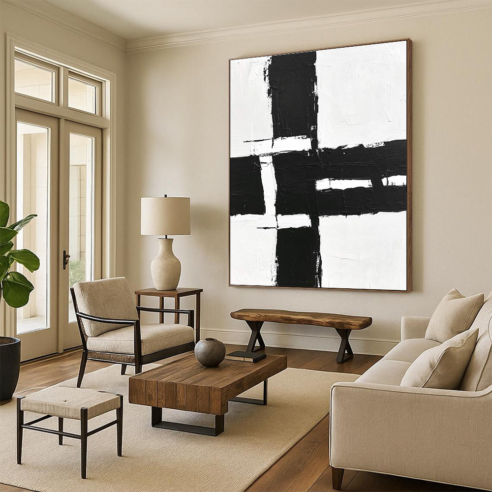 Geometric Black and White Abstract Painting with Structured Clarity WINK348