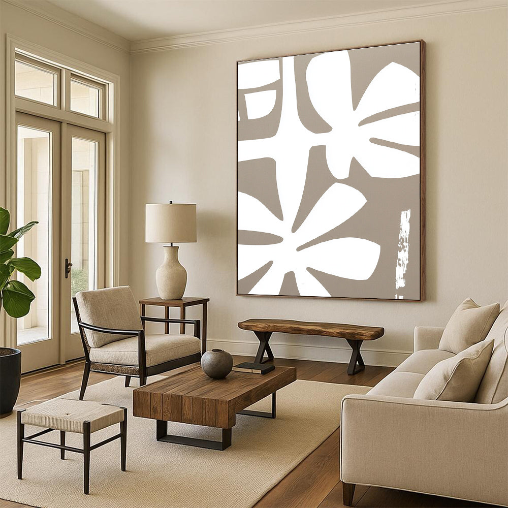 White Floral Shapes on Beige - Stylized Botanical Art GAB0401