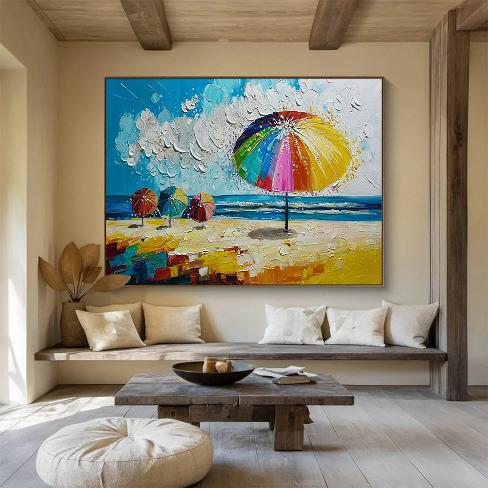 Beach Umbrellas Scene Abstract Painting for Coastal Home Decor YHT310