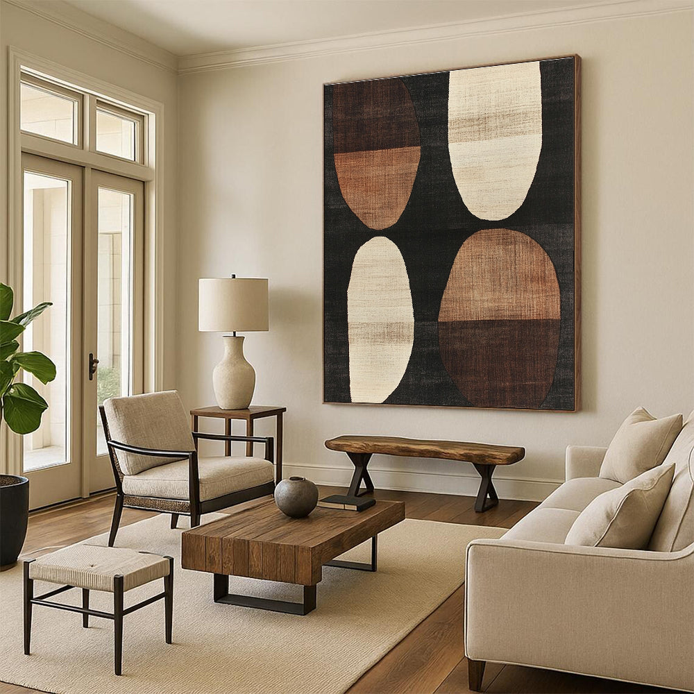 Brown and Black Oval Abstract Painting with Geometric Forms WINK840
