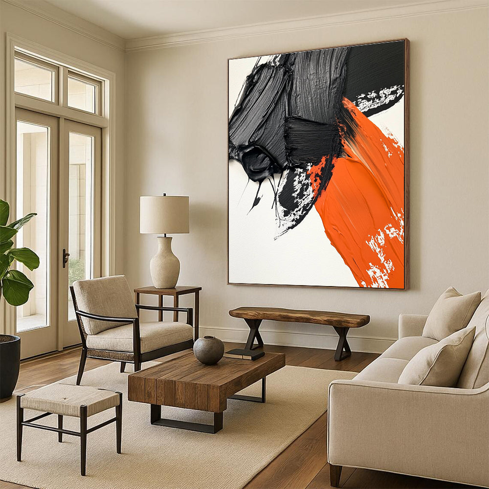Black and Orange Textured Strokes Abstract Painting with Dynamic Energy WINK048
