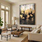 Dark - Toned Abstract Flower Painting with Golden Blooms GAB0667