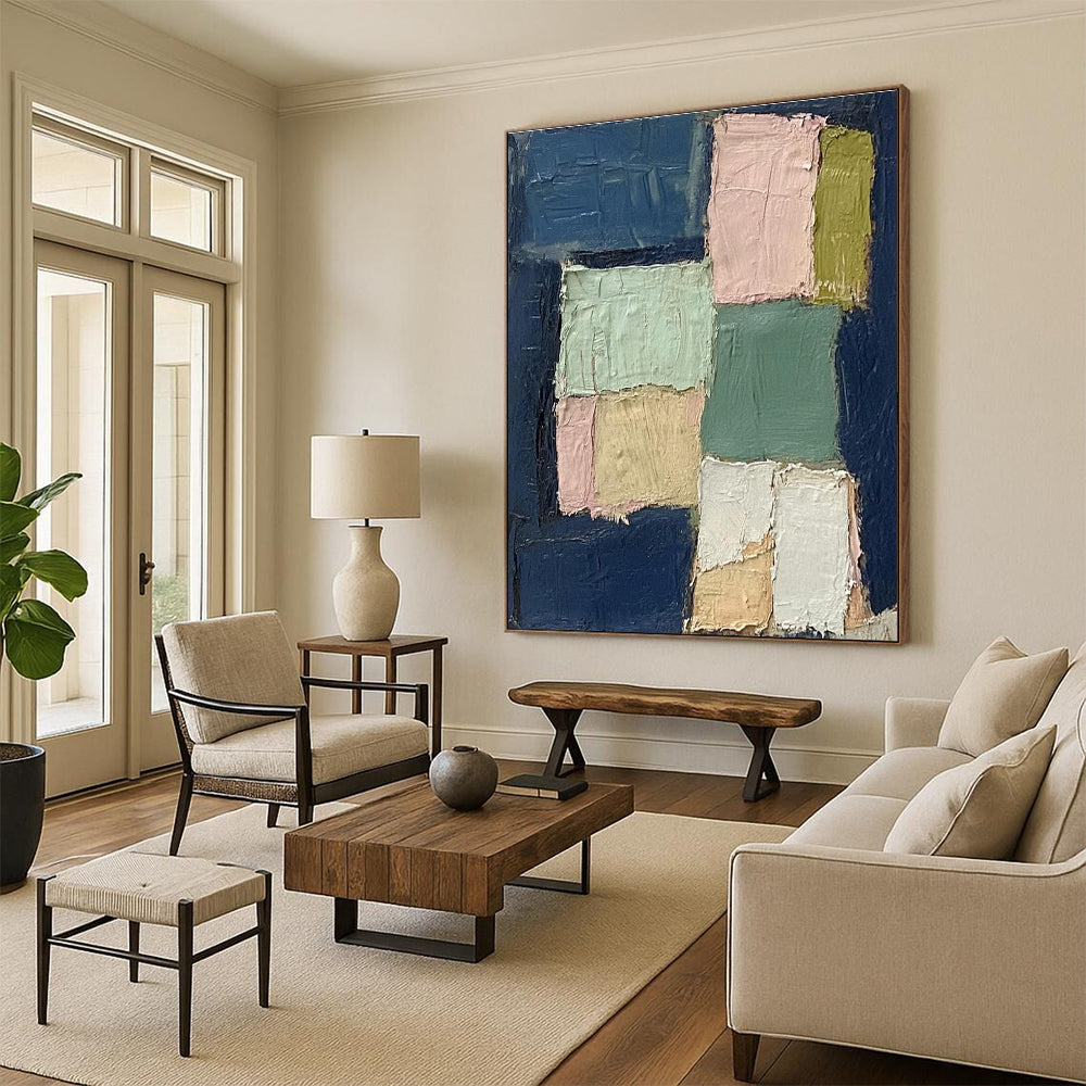 Pastel Patchwork Abstract Painting for Scandinavian - Style Living Rooms HENG013