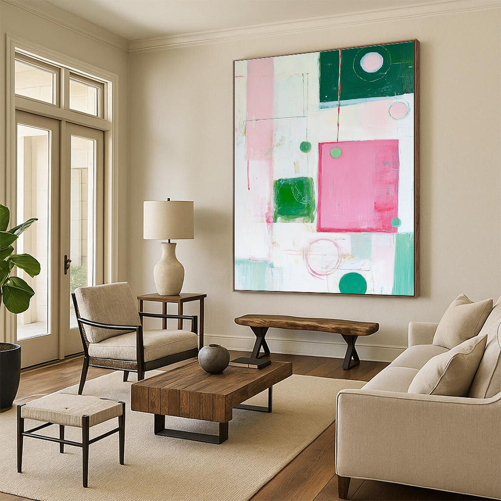 Pink Green White Abstract Painting with Playful Geometry WINK518