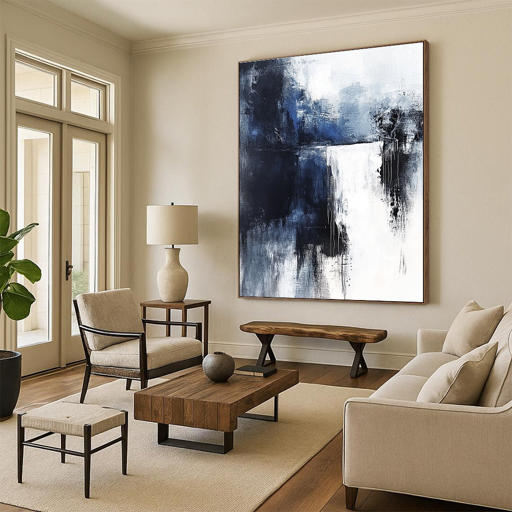 Dramatic Blue and Black Drip Abstract Painting for Bold Decor GAB0684