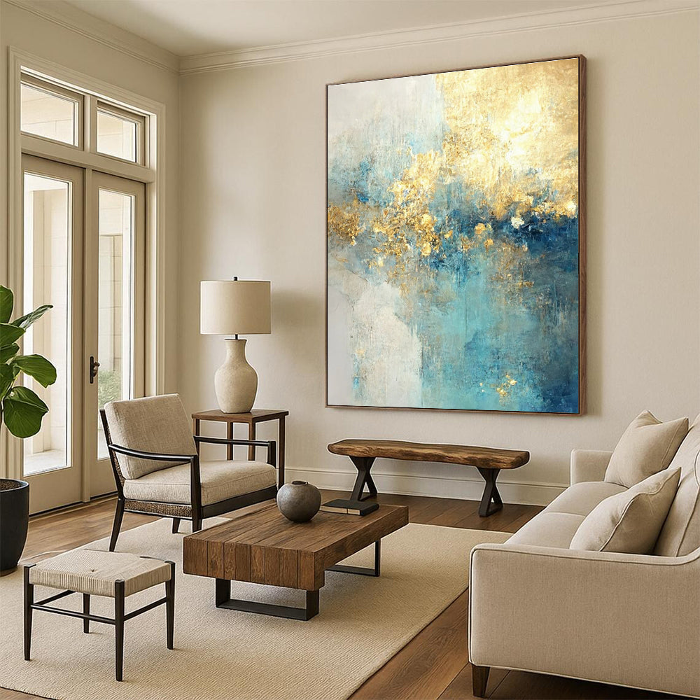 Blue - Gold Abstract Landscape Painting for Coastal Home Offices HENG077