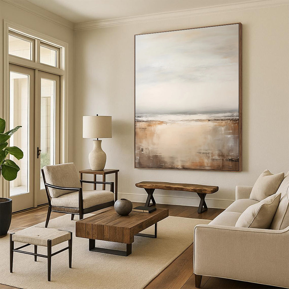 Neutral - Toned Seaside Abstract Painting for Coastal - Themed Spas HENG132