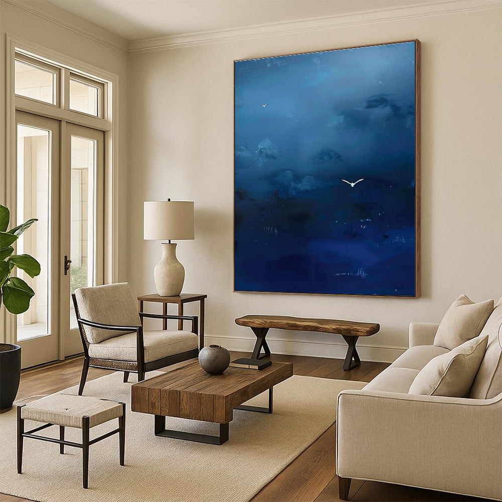 Blue Sky with White Birds Abstract Painting for Coastal Home Offices HENG507