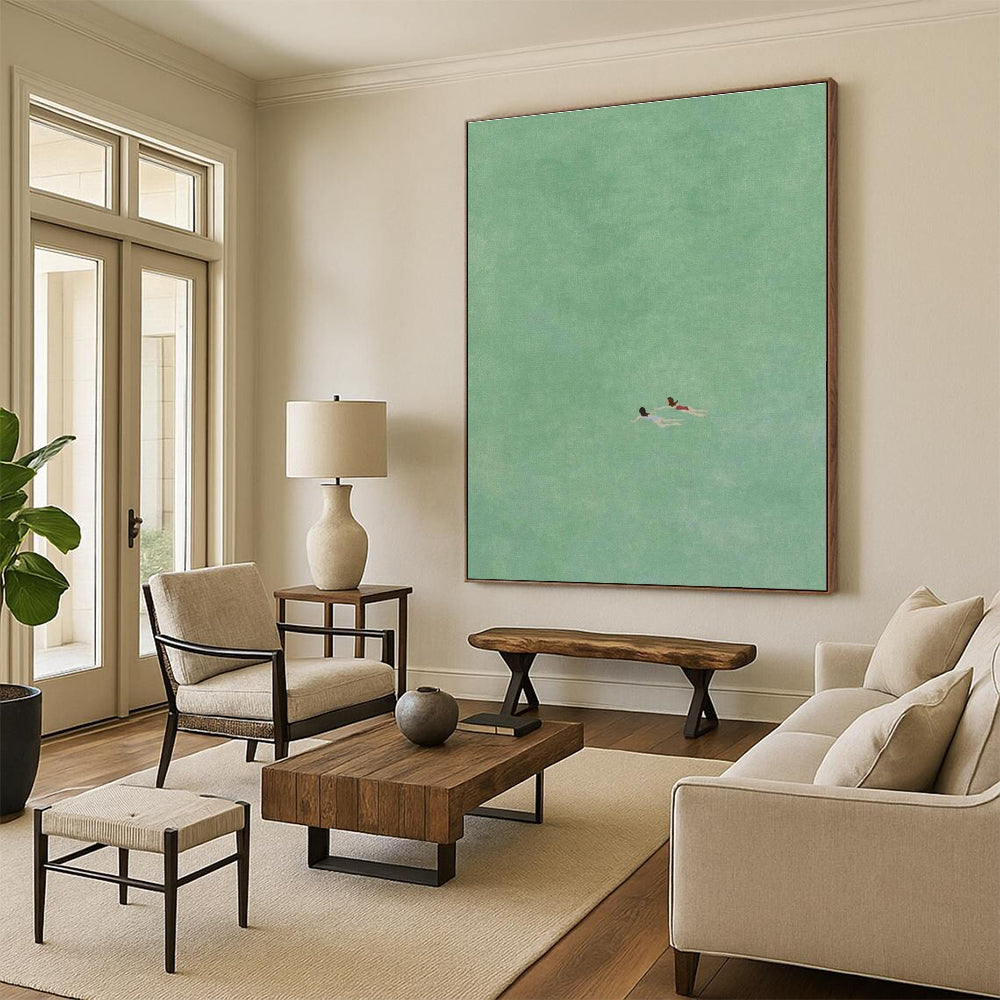 Two Swimmers in Green Minimalist Painting for Calm Interiors HENG305