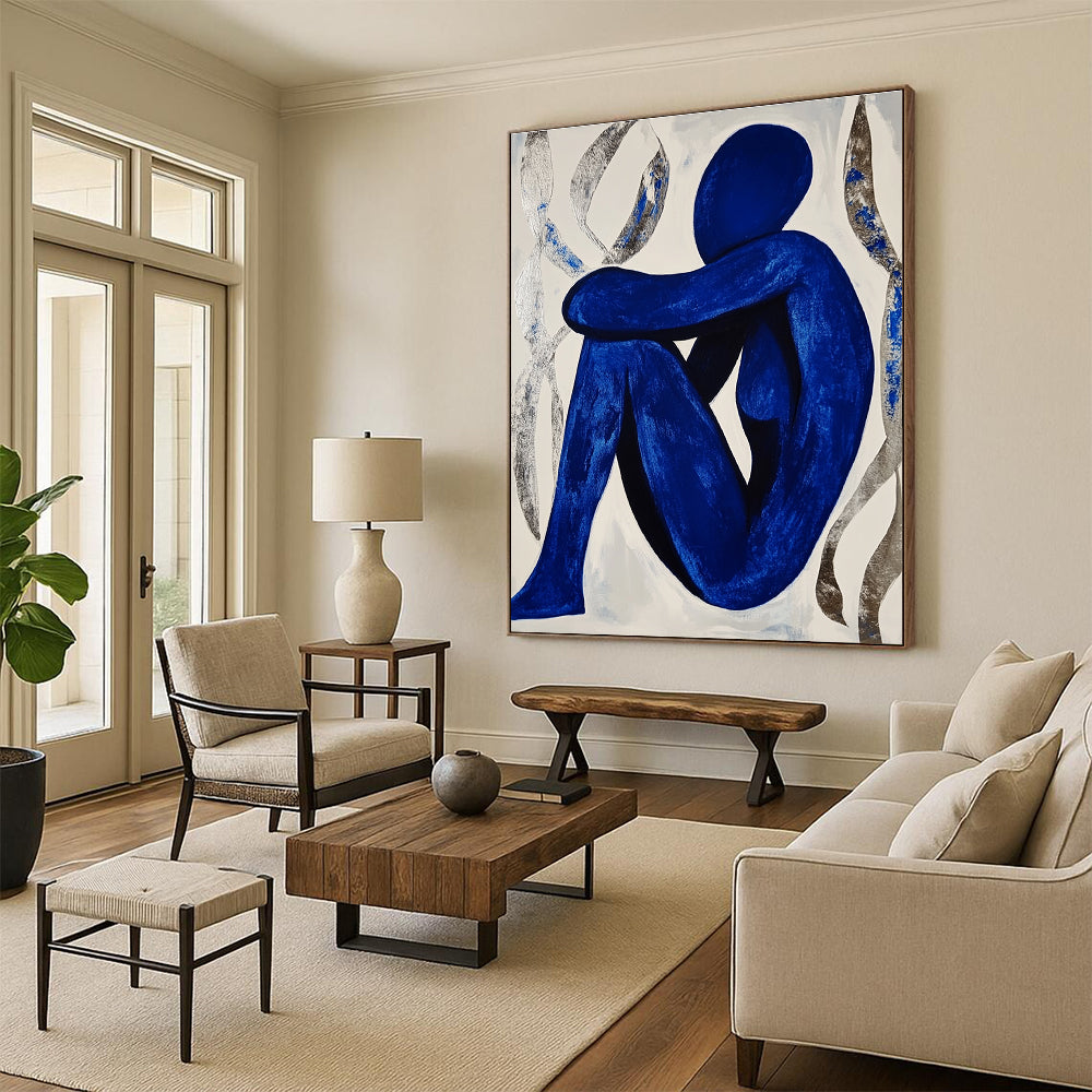Blue Figure in Contemplation Abstract Painting with Silver Accents GAB0041