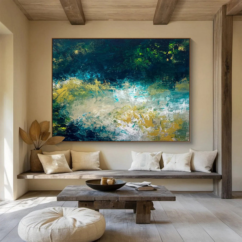 Teal and Gold Abstract Landscape Painting for Coastal Home Interiors YHT326