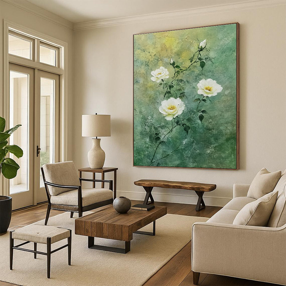 White Roses on Green Delicate Abstract Painting for Fresh Interiors GAB1538