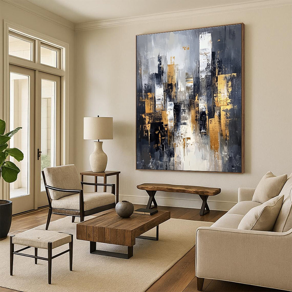 Gray and Gold Cityscape Abstract Painting for Sophisticated Decor GAB0695