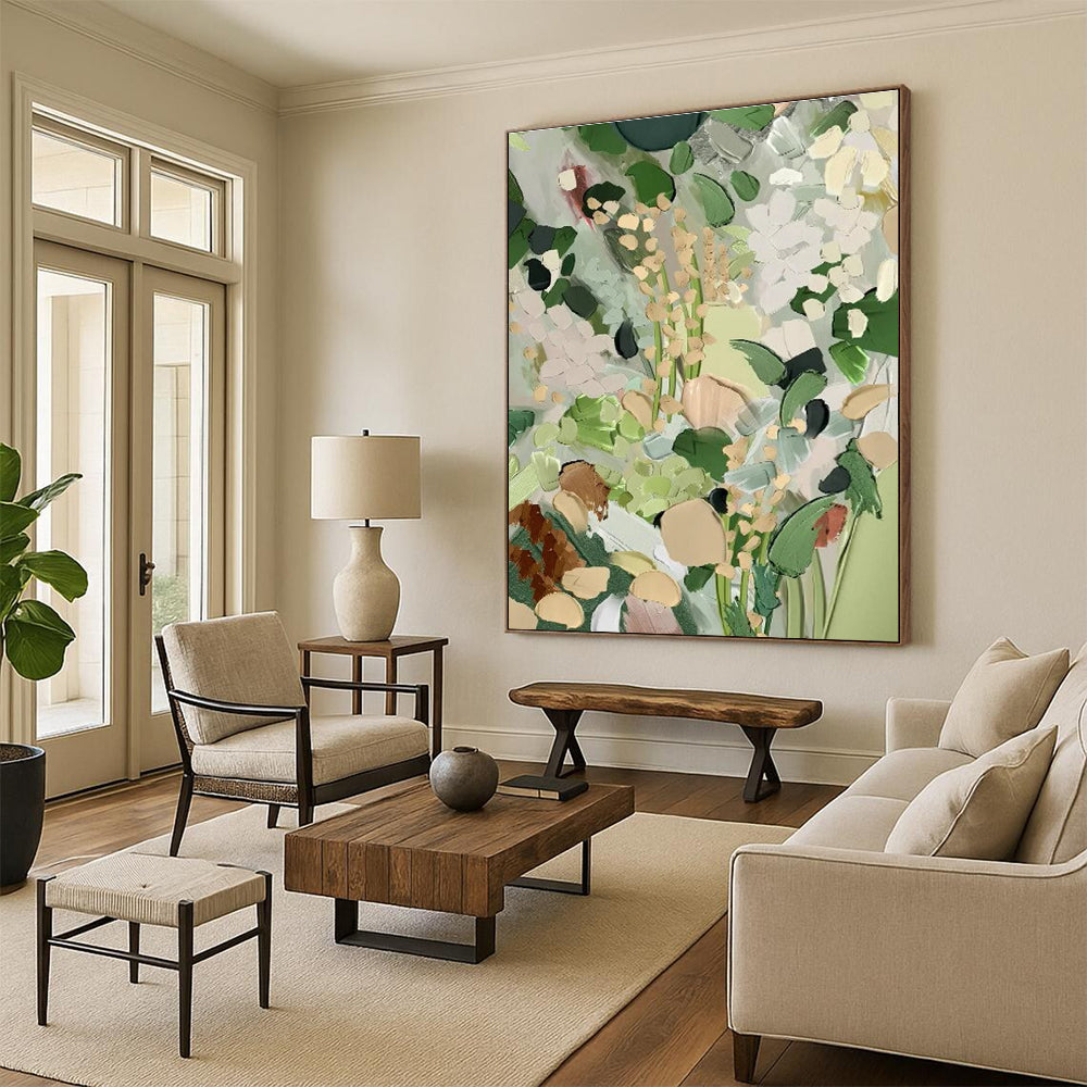 Muted Green Floral Abstract Painting for Minimalist Home Offices HENG426