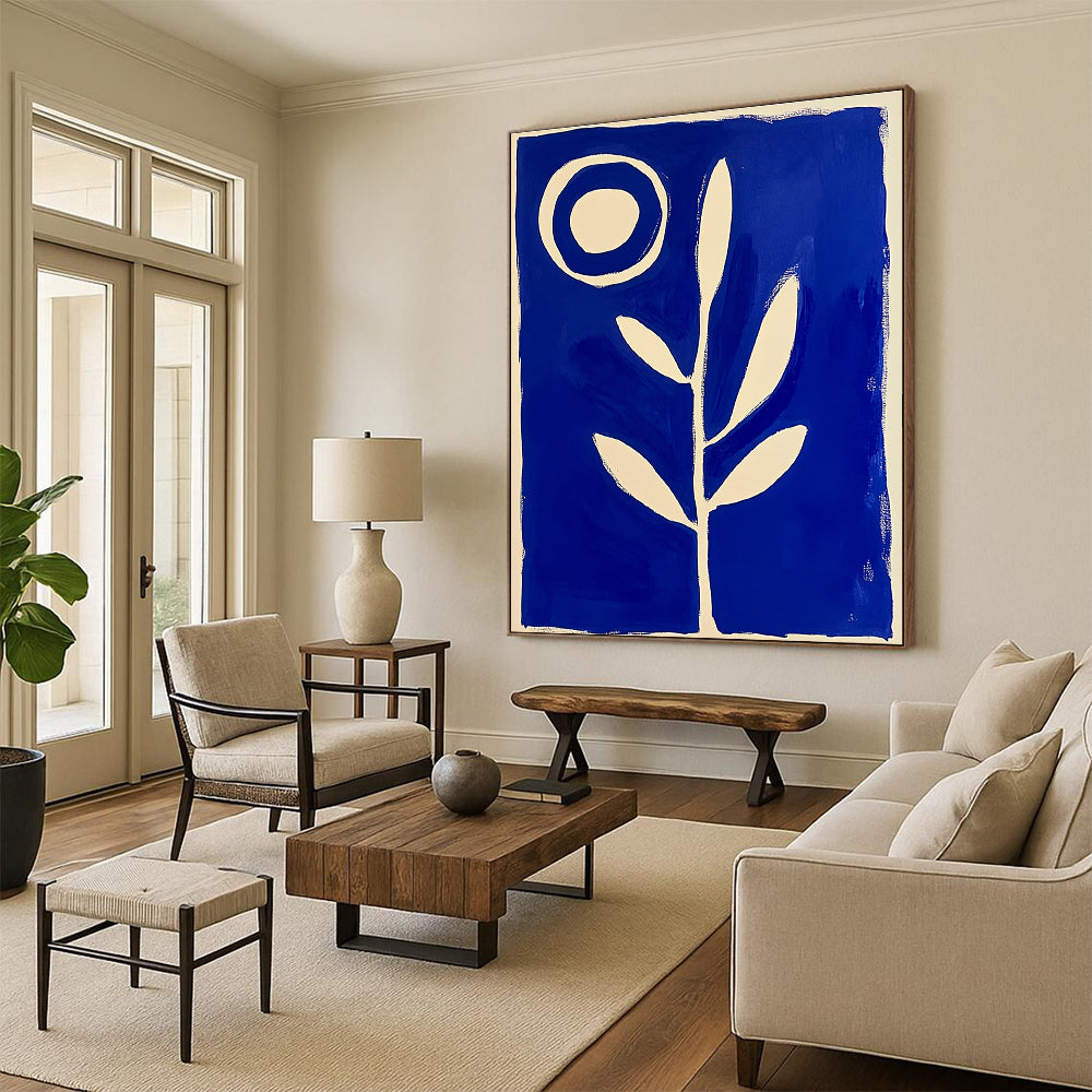 Blue and White Plant with Circle Abstract Painting GAB0040