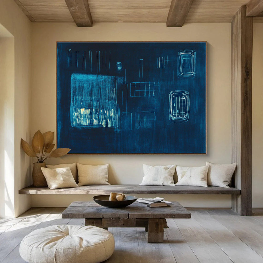 Dark Blue Abstract Forms Painting with Subtle, Mysterious Compositions ABS506