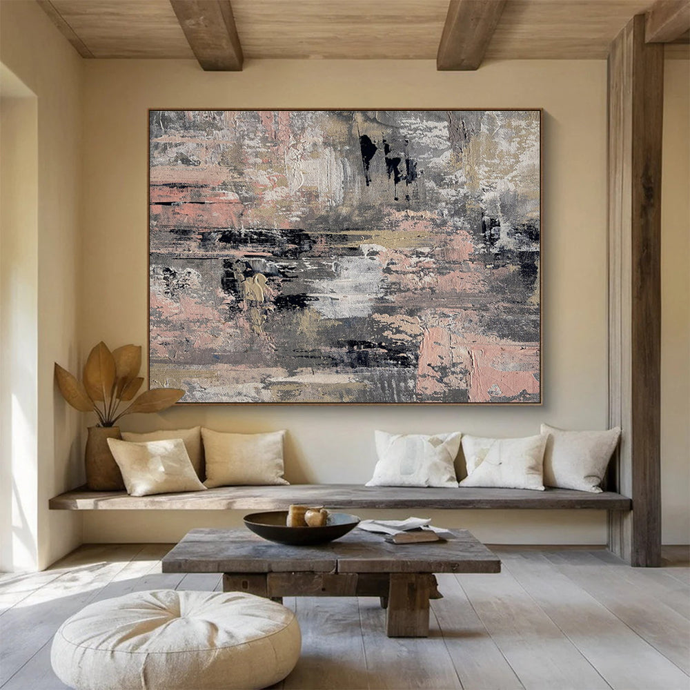 Gray - Pink Abstract Textures Painting for Minimalist Living Rooms YHT380
